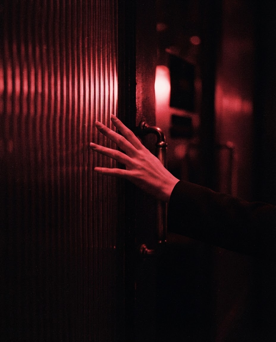 A hand pushing open the fluted glass door, the brass catching the red light